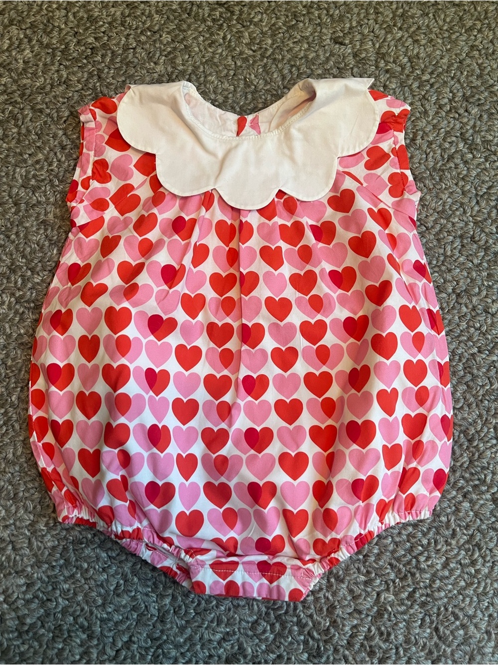JACADI Pink and Red Heart Print Baby Bubble Romper with White Scalloped Collar